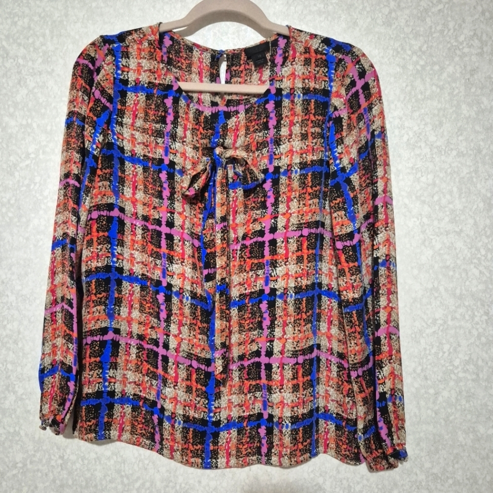 J. Crew Relaxed Blue and Pink Long Sleeve Blouse with Silk Tie Collar..size:10